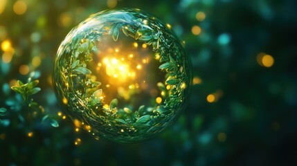 A Transparent Orb Encapsulating Green Foliage and Golden Lights