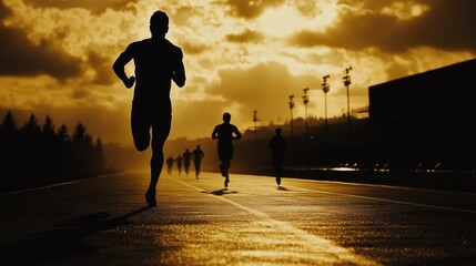 Silhouette of Runners Against Golden Sunset Sky