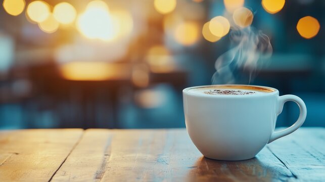 A steaming cup of coffee resting on a rustic wooden table in a beautifully decorated cafe