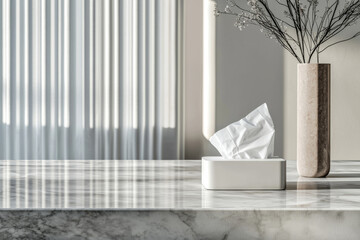 A serene interior scene featuring a tissue box and a minimalist vase with dried flowers on a marble countertop.