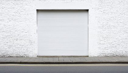 A white roller shutter door on a textured wall, providing a clean and minimalistic urban aesthetic.