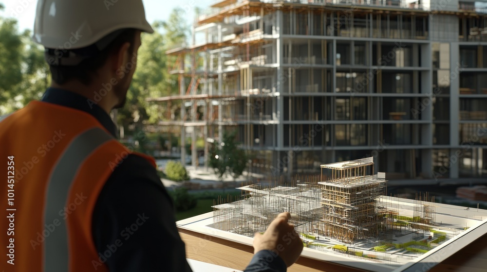 Poster Architect Reviewing Construction Model with Building in Background
