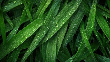 A top view of lush green grass texture with dew drops on the leaves