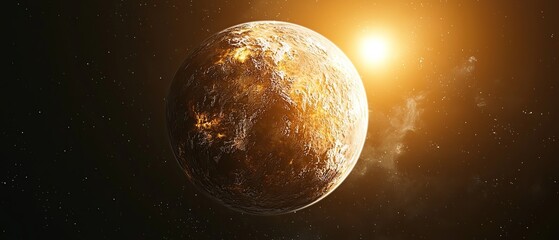A large, golden planet in the vast expanse of space, bathed in the warm light of a distant sun.