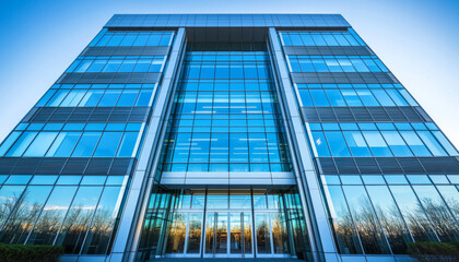 A modern glass-fronted office building reflecting the sky, showcasing contemporary architecture and design.