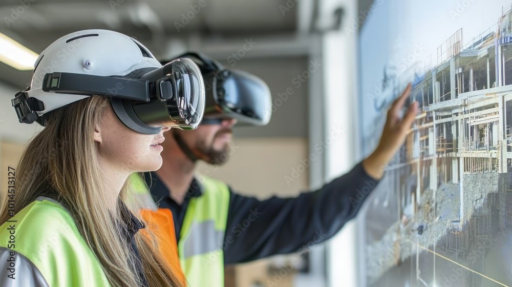 Poster construction workers using vr technology to view building plans