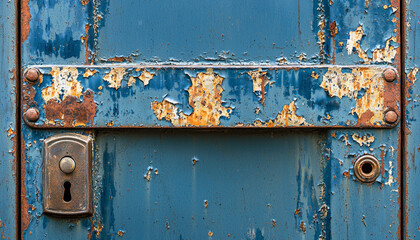 Naklejka premium A close-up of a weathered blue door with rust and peeling paint, featuring a lock and keyhole, suggesting age and neglect.