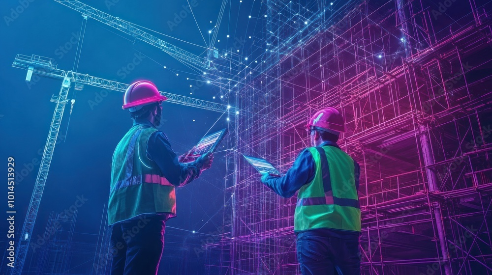 Aufkleber Two Construction Workers Using Tablets in Front of a Neon-Lit Scaffolding Structure