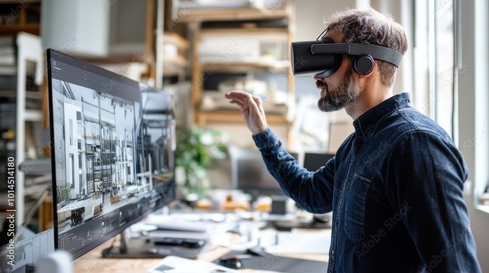 Aufkleber Man Wearing VR Headset Interacting with Computer Displaying Architectural Design
