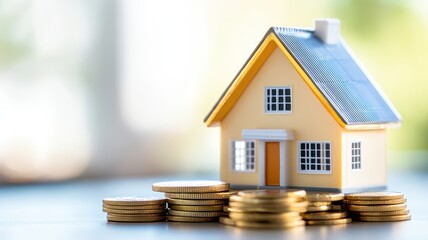 Model house with coins, representing finance