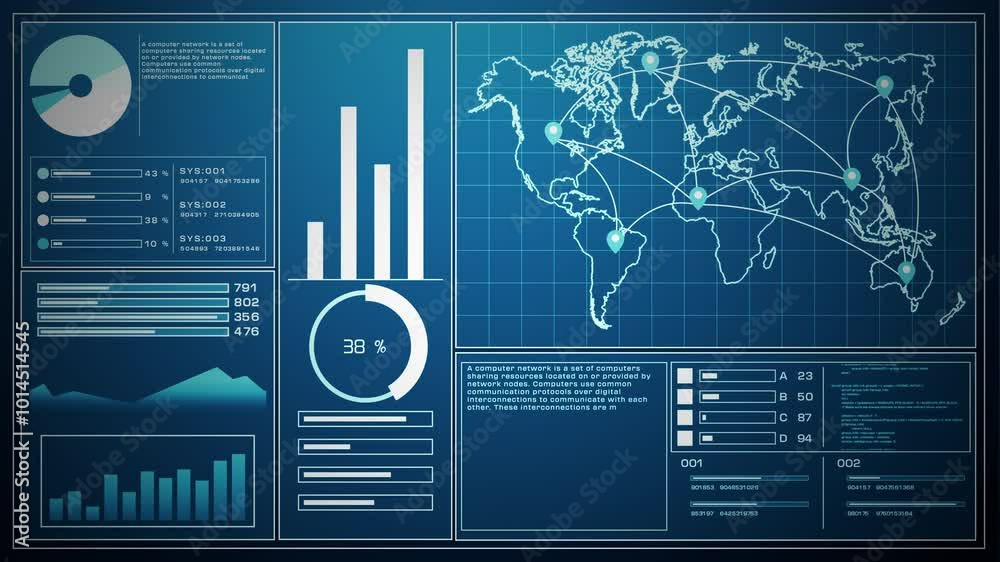 Poster Digital interface showing a global network map with data charts, visual analytics, and system performance indicators. Animation 4k, 3d rendering.