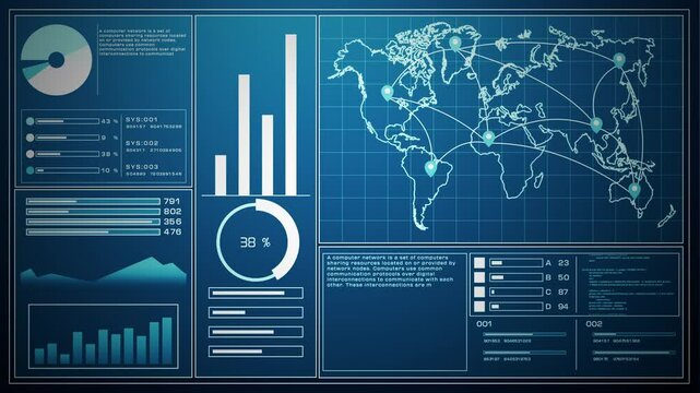 Digital interface showing a global network map with data charts, visual analytics, and system performance indicators. Animation 4k, 3d rendering.