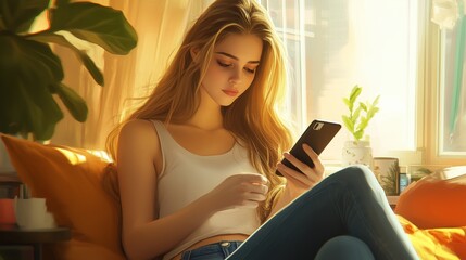 A woman sitting in a sunlit corner of her home, savoring a cup of coffee while scrolling through her phone, surrounded by warm decor and comfortable furnishings.