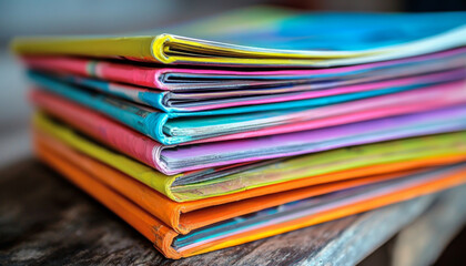 A colorful stack of binders or folders, likely containing documents or notes, arranged neatly on a surface.