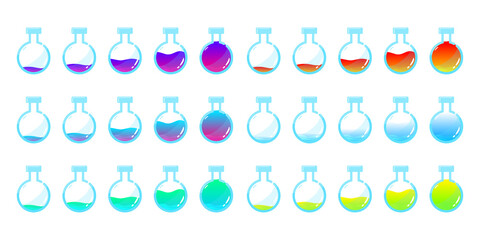 Set of glass bottles. Different color potion flat style on white background. Vector illustration. Design elements for game collection.