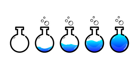 Set of glass bottles. Different color potion flat style on white background. Vector illustration. Design elements for game collection.