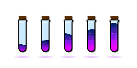 Set of glass bottles. Different color potion flat style on white background. Vector illustration. Design elements for game collection.