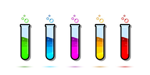 Set of glass bottles. Different color potion flat style on white background. Vector illustration. Design elements for game collection.