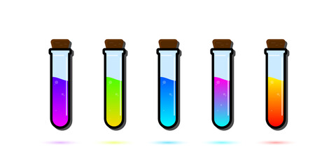 Set of glass bottles. Different color potion flat style on white background. Vector illustration. Design elements for game collection.