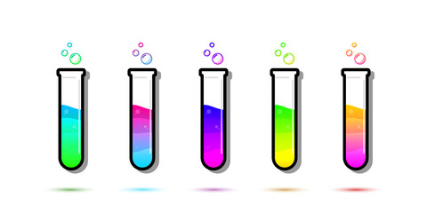 Set of glass bottles. Different color potion flat style on white background. Vector illustration. Design elements for game collection.