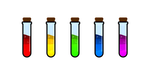 Set of glass bottles. Different color potion flat style on white background. Vector illustration. Design elements for game collection.