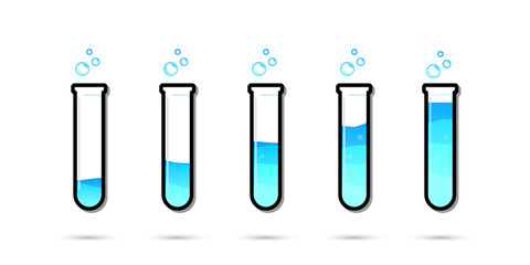 Set of glass bottles. Different color potion flat style on white background. Vector illustration. Design elements for game collection.