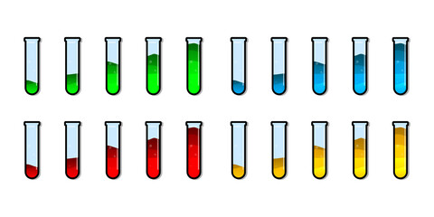 Set of glass bottles. Different color potion flat style on white background. Vector illustration. Design elements for game collection.