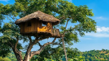 A wooden treehouse with a thatched roof nestled in lush greenery under a blue sky.