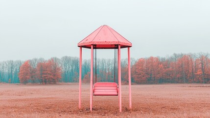 Colorful swing set in an open field with pastel autumn trees in the background.