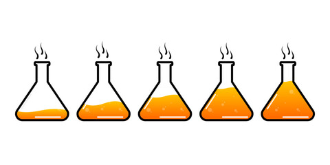 Set of glass bottles. Different color potion flat style on white background. Vector illustration. Design elements for game collection.