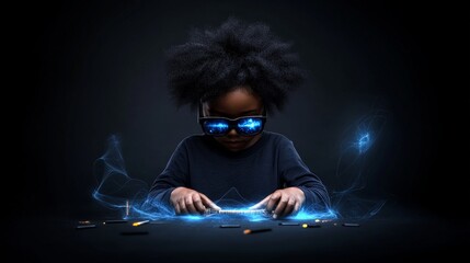Digital Prodigy: A young girl with afro hair and glowing eyes manipulates energy bolts with her fingertips.  The scene is bathed in a dark and futuristic glow.
