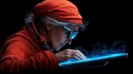 Digital Nomad: Senior woman in red, with a red headscarf,  engrossed in her tablet, surrounded by a glowing blue network of digital data. She's focused and determined,  representing the modern. - Powered by Adobe