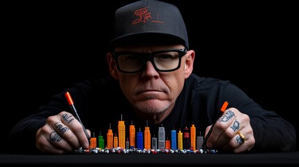 The Artist's Hands: A close-up portrait of a focused artist with intricate tattoos, meticulously constructing a miniature cityscape with tiny colorful pieces. The image evokes a sense of dedication.