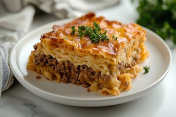 Close-up of hamburger Noodle Hotdish on a white plate, placed on a marble countertop.