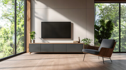 Modern home living room interior with armchair and tv screen, panoramic window