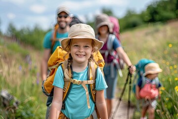 Fototapeta premium Family with small children hiking outdoors in summer nature.