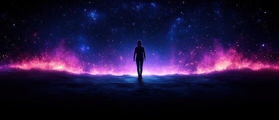 Fototapeta premium Silhouette of a woman standing on a snowy landscape with a glowing purple sky full of stars in the background.