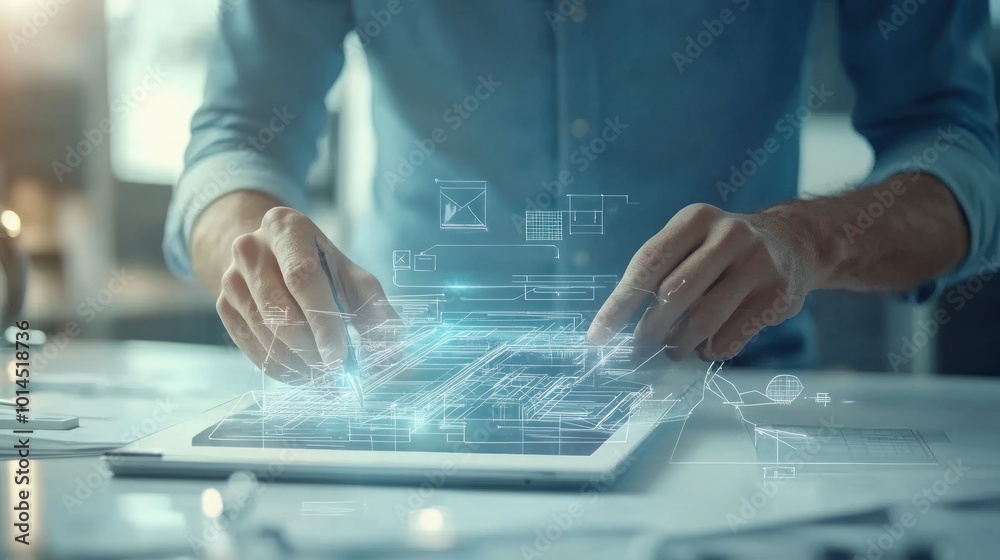 Poster person using a digital tablet to design a blueprint