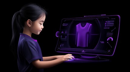 Future Fashion Designer: A young girl designs virtual clothing on a futuristic computer screen, showcasing creativity and technological innovation.  