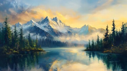 Obraz premium Majestic Snow Capped Peaks Reflected in Serene Alpine Lake Surrounded by Lush Evergreen Forests