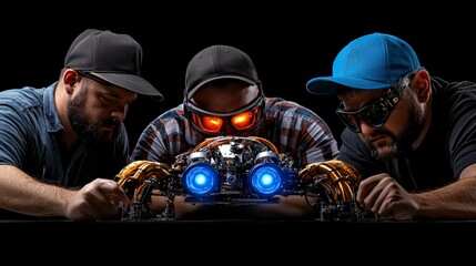 Inventors and Their Creation: A trio of passionate inventors gaze intently at their impressive mechanical creation, a sleek, futuristic robotic spider with glowing blue and orange eyes.