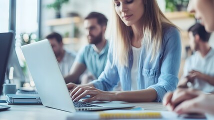 Fototapeta premium Woman Typing on Laptop with Blurry Background of Colleagues in Office