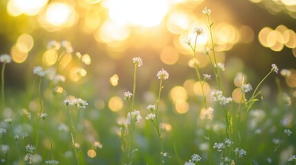 Obraz premium Delicate White Flowers in a Field of Green with Sunlit Bokeh