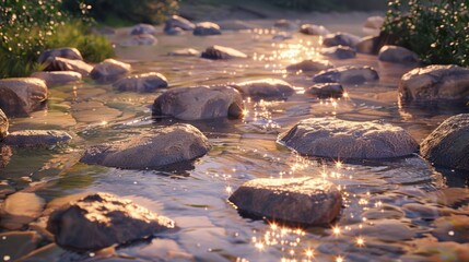 Sunlit Stream Flowing Over Smooth Stones