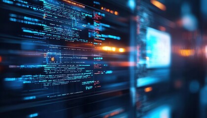 Futuristic software interface with code running on a clear glass screen, symbolizing modern tech