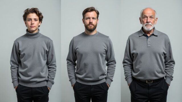 Three Generations of Men in Gray Sweaters Against a Neutral Background