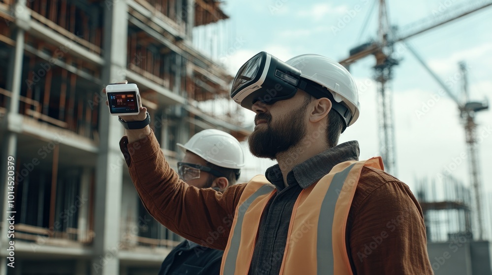 Poster construction worker using virtual reality headset and tablet