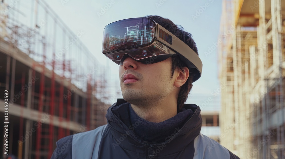 Aufkleber construction worker using virtual reality headset to visualize a building
