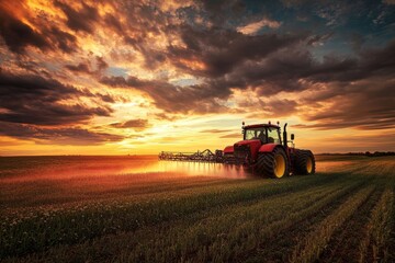 Obraz premium Farmer is driving a tractor and spraying a field at sunset