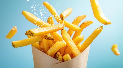 Crispy golden French fries falling from a paper cone against a vibrant blue background, showcasing their delicious texture and appealing look.